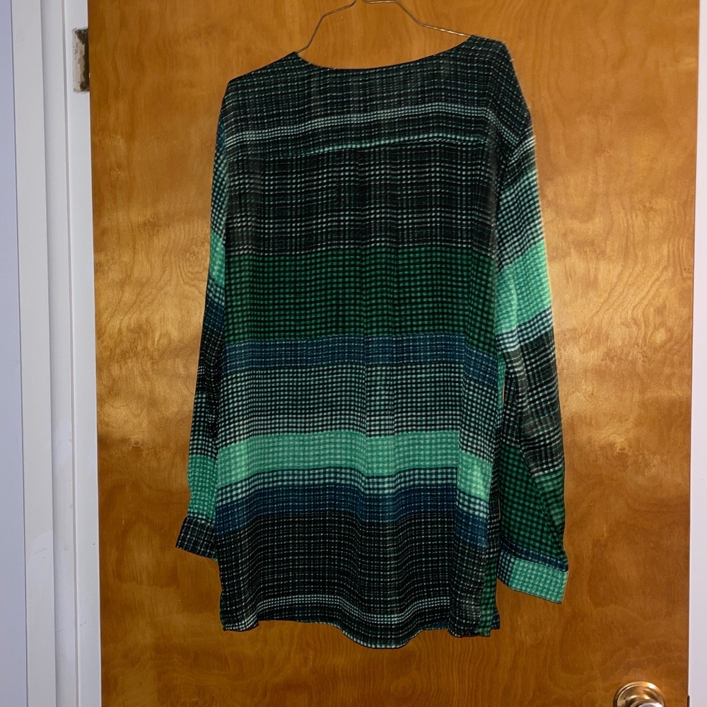 Liz Claiborne Green Black Sheer Blouse Top Tunic Front Pocket - Picture 2 of 3